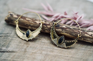 Ethnic Brass Hoop Earrings with Black Onyx stones, Jewellery for Boho Women, Bohemian style Jewelery from Kaali Boutique