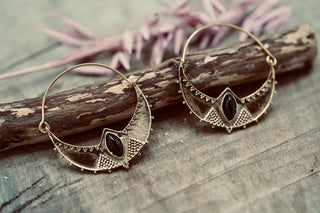 Ethnic Brass Hoop Earrings with Black Onyx stones, Jewellery for Boho Women, Bohemian style Jewelery from Kaali Boutique