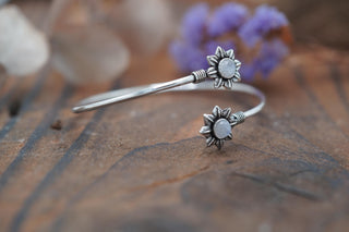 Silver Flower Bracelet with Moonstone, Dainty Bangle for Women, Delicate Boho Bracelet