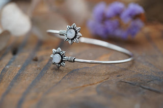 Silver Flower Bracelet with Moonstone, Dainty Bangle for Women, Delicate Boho Bracelet