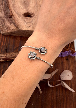 Silver Flower Bracelet with Moonstone, Dainty Bangle for Women, Delicate Boho Bracelet