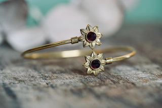 Brass Flower Bracelet with Garnet Red Stones, Dainty Bangle for Women, Delicate Boho Bracelet