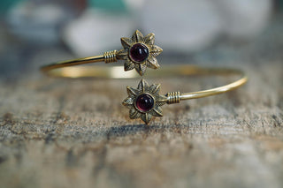 Brass Flower Bracelet with Garnet Red Stones, Dainty Bangle for Women, Delicate Boho Bracelet