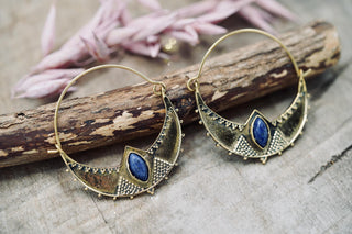 Ethnic Brass Hoop Earrings with Lapis Lazuli stones, Jewellery for Boho Women, Bohemian style Jewelery from Kaali Boutique