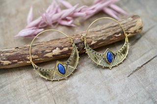 Ethnic Brass Hoop Earrings with Lapis Lazuli stones, Jewellery for Boho Women, Bohemian style Jewelery from Kaali Boutique