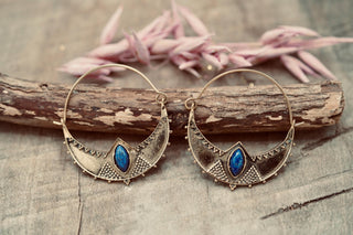 Ethnic Brass Hoop Earrings with Lapis Lazuli stones, Jewellery for Boho Women, Bohemian style Jewelery from Kaali Boutique