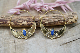 Ethnic Brass Hoop Earrings with Lapis Lazuli stones, Jewellery for Boho Women, Bohemian style Jewelery from Kaali Boutique