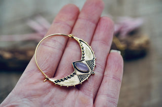 Lightweight Brass Hoop Earrings with Rose Quartz stones, Jewellery for Boho Women, Bohemian style Jewelery from Kaali Boutique