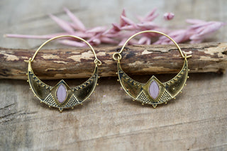 Lightweight Brass Hoop Earrings with Rose Quartz stones, Jewellery for Boho Women, Bohemian style Jewelery from Kaali Boutique