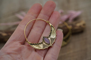 Lightweight Brass Hoop Earrings with Rose Quartz stones, Jewellery for Boho Women, Bohemian style Jewelery from Kaali Boutique