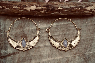 Lightweight Brass Hoop Earrings with Rose Quartz stones, Jewellery for Boho Women, Bohemian style Jewelery from Kaali Boutique