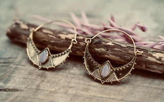 Lightweight Brass Hoop Earrings with Rose Quartz stones, Jewellery for Boho Women, Bohemian style Jewelery from Kaali Boutique