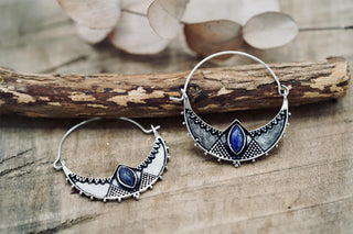 Ethnic Silver Hoop Earrings with Lapis Lazuli stones, Jewellery for Boho Women, Bohemian style Jewelery from Kaali Boutique