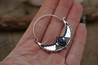 Ethnic Silver Hoop Earrings with Lapis Lazuli stones, Jewellery for Boho Women, Bohemian style Jewelery from Kaali Boutique
