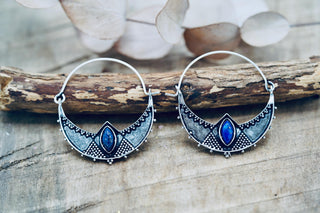 Ethnic Silver Hoop Earrings with Lapis Lazuli stones, Jewellery for Boho Women, Bohemian style Jewelery from Kaali Boutique
