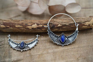 Ethnic Silver Hoop Earrings with Lapis Lazuli stones, Jewellery for Boho Women, Bohemian style Jewelery from Kaali Boutique