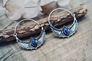 Ethnic Silver Hoop Earrings with Lapis Lazuli stones, Jewellery for Boho Women, Bohemian style Jewelery from Kaali Boutique