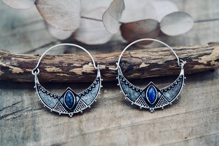 Ethnic Silver Hoop Earrings with Lapis Lazuli stones, Jewellery for Boho Women, Bohemian style Jewelery from Kaali Boutique