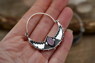 Lightweight Silver Hoop Earrings with Rose Quartz stones, Jewellery for Boho Women, Bohemian style Jewelery from Kaali Boutique