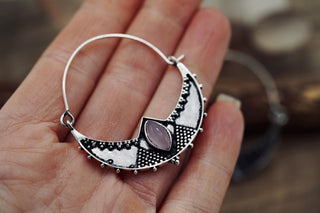 Lightweight Silver Hoop Earrings with Rose Quartz stones, Jewellery for Boho Women, Bohemian style Jewelery from Kaali Boutique