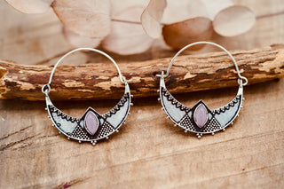 Lightweight Silver Hoop Earrings with Rose Quartz stones, Jewellery for Boho Women, Bohemian style Jewelery from Kaali Boutique