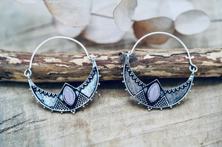 Lightweight Silver Hoop Earrings with Rose Quartz stones, Jewellery for Boho Women, Bohemian style Jewelery from Kaali Boutique