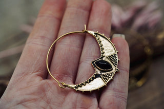 Ethnic Brass Hoop Earrings with Black Onyx stones, Jewellery for Boho Women, Bohemian style Jewelery from Kaali Boutique