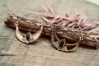 Ethnic Brass Hoop Earrings with Black Onyx stones, Jewellery for Boho Women, Bohemian style Jewelery from Kaali Boutique