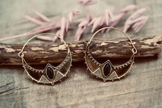 Ethnic Brass Hoop Earrings with Black Onyx stones, Jewellery for Boho Women, Bohemian style Jewelery from Kaali Boutique