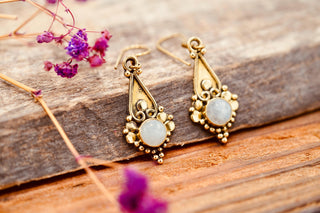 Boho Moonstone Drop Earrings – Vintage Style Brass Dangle Earrings – Ethnic Tribal Jewellery – Milky White Stone – Gift for Her