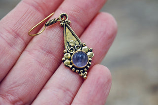 Boho Amethyst Dangle Earrings – Vintage Style Brass Dangle Earrings – Ethnic Tribal Jewellery – Purple Stone – Gift for Her