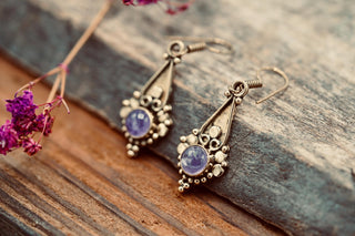 Boho Amethyst Dangle Earrings – Vintage Style Brass Dangle Earrings – Ethnic Tribal Jewellery – Purple Stone – Gift for Her