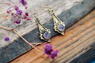 Boho Amethyst Dangle Earrings – Vintage Style Brass Dangle Earrings – Ethnic Tribal Jewellery – Purple Stone – Gift for Her