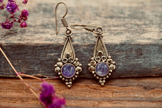 Boho Amethyst Dangle Earrings – Vintage Style Brass Dangle Earrings – Ethnic Tribal Jewellery – Purple Stone – Gift for Her