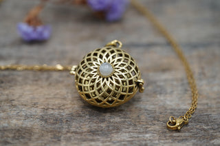 Gold Bola Necklace Brass & Moonstone / Pregnancy / Harmony Ball / Chimes / Steel Chain / Bell / Vegan / Ethnic / Boho / Hippie / Rustic /