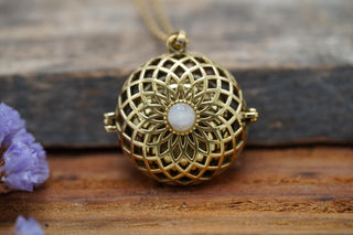 Gold Bola Necklace Brass & Moonstone / Pregnancy / Harmony Ball / Chimes / Steel Chain / Bell / Vegan / Ethnic / Boho / Hippie / Rustic /