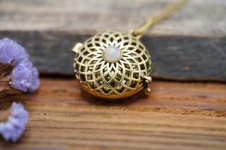 Gold Bola Necklace Brass & Moonstone / Pregnancy / Harmony Ball / Chimes / Steel Chain / Bell / Vegan / Ethnic / Boho / Hippie / Rustic /