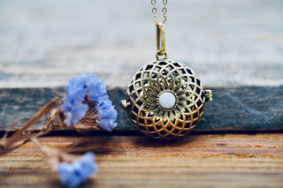 Gold Bola Necklace Brass & Moonstone / Pregnancy / Harmony Ball / Chimes / Steel Chain / Bell / Vegan / Ethnic / Boho / Hippie / Rustic /
