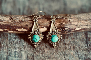 Boho Turquoise Dangle Earrings – Vintage Style Brass Dangle Earrings – Ethnic Tribal Jewellery – Black Stone – Gift for Her