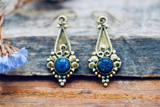 Boho Lapis Lazuli Dangle Earrings – Vintage Style Brass Dangle Earrings – Ethnic Tribal Jewellery – Blue Stone – Gift for Her