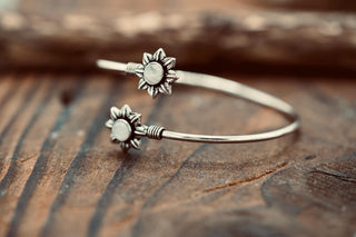 Silver Flower Bracelet with Moonstone, Dainty Bangle for Women, Delicate Boho Bracelet