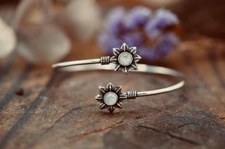 Silver Flower Bracelet with Moonstone, Dainty Bangle for Women, Delicate Boho Bracelet