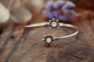 Silver Flower Bracelet with Moonstone, Dainty Bangle for Women, Delicate Boho Bracelet