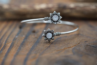 Silver Flower Bracelet with Moonstone, Dainty Bangle for Women, Delicate Boho Bracelet