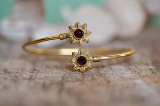 Brass Flower Bracelet with Garnet Red Stones, Dainty Bangle for Women, Delicate Boho Bracelet