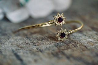 Brass Flower Bracelet with Garnet Red Stones, Dainty Bangle for Women, Delicate Boho Bracelet