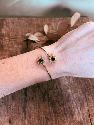 Brass Flower Bracelet with Garnet Red Stones, Dainty Bangle for Women, Delicate Boho Bracelet
