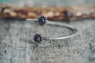 Silver Flower Bracelet with Amethyst, Dainty Bangle for Women, Delicate Boho Bracelet
