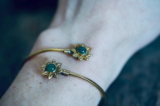 Brass Flower Bracelet Green Stones, Dainty Bangle for Women, Delicate Boho Bracelet