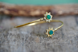 Brass Flower Bracelet Green Stones, Dainty Bangle for Women, Delicate Boho Bracelet